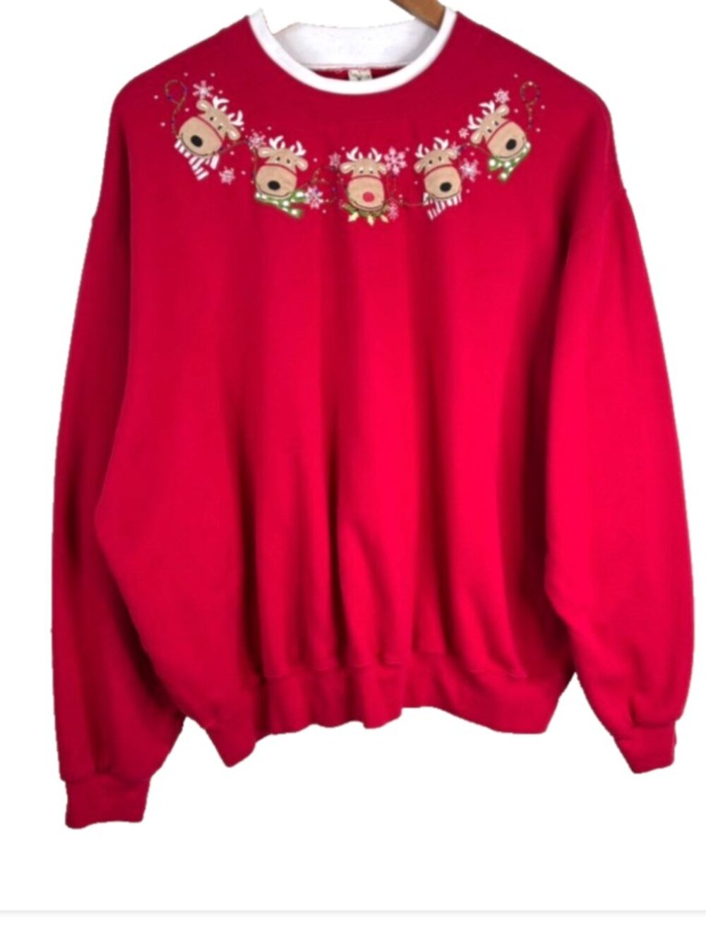 Decorated Originals Christmas Reindeer Double Collar Crewneck 2X Red Embroidered